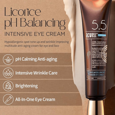 Crema de ochi Acwell Licorice Intensive combate oboseala, netezește liniile fine și echilibrează pH-ul. Ideală pentru o rutină coreeană de îngrijire anti-cearcăne.